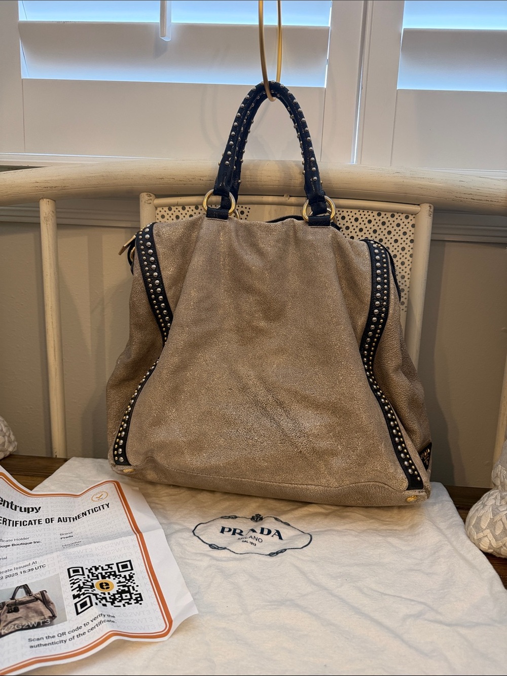 Prada  large Taupe Suede Tote with Black Stud-Trim Handles/strap